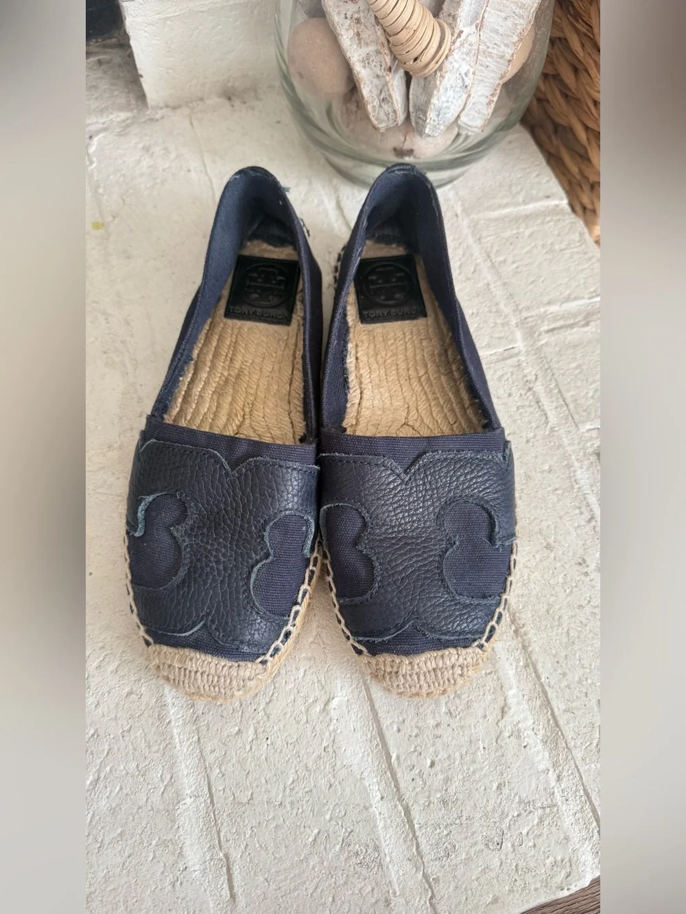 Tory Burch Navy Leather Espadrille Flats Size 8